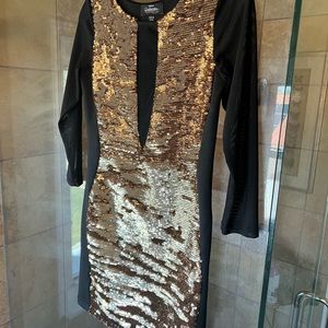 Bebe Addiction Dress Black Gold Mini Dress Fitted Cocktail Party Sequin Bodycon
